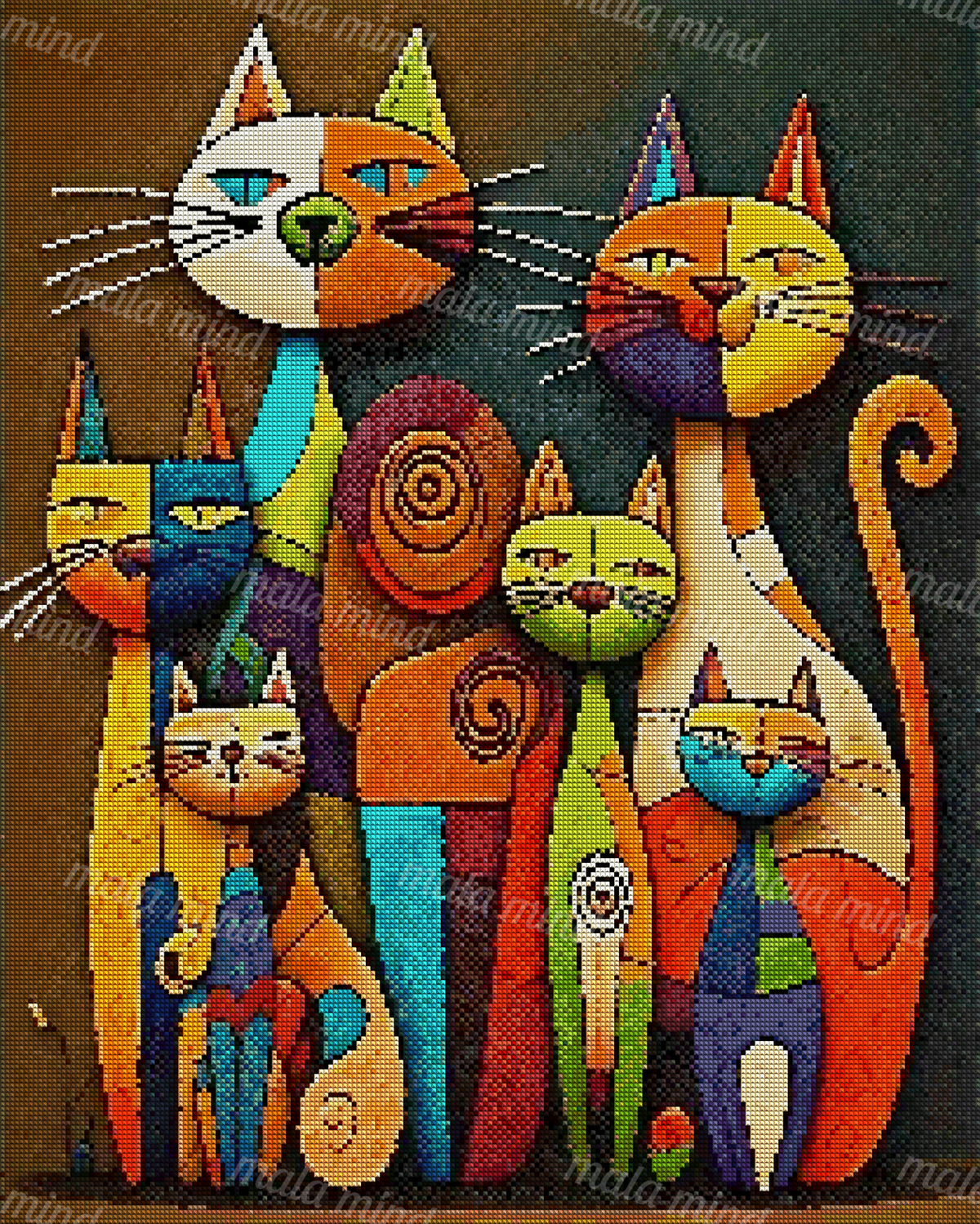 Seven colorful geometric cats with patterned bodies and spiral details in a tightly grouped portrait — 04_diamond_render