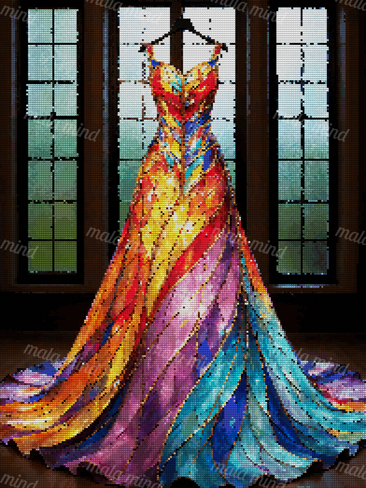 Vivid stained-glass gown with a long colorful train displayed before frosted windows — 04_diamond_render