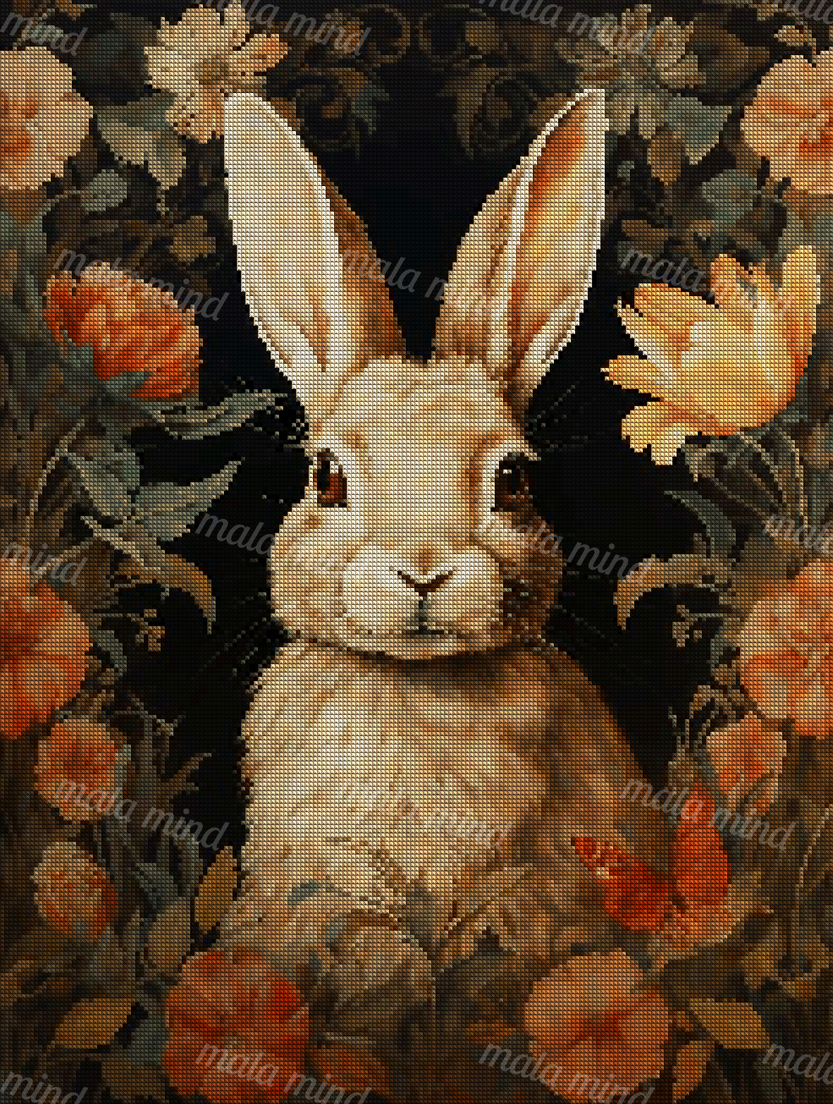 Tan rabbit portrait surrounded by orange flowers, green leaves, and a red-orange butterfly on a dark background — 04_diamond_render