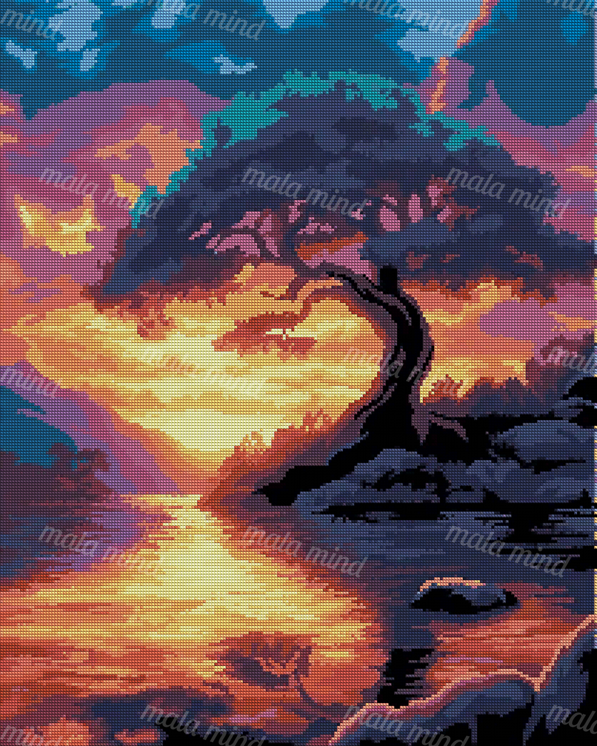 Stylized sunset lake with a twisted dark tree, wooded shoreline, rocks, clouds, and glowing water reflections. — 04_diamond_render