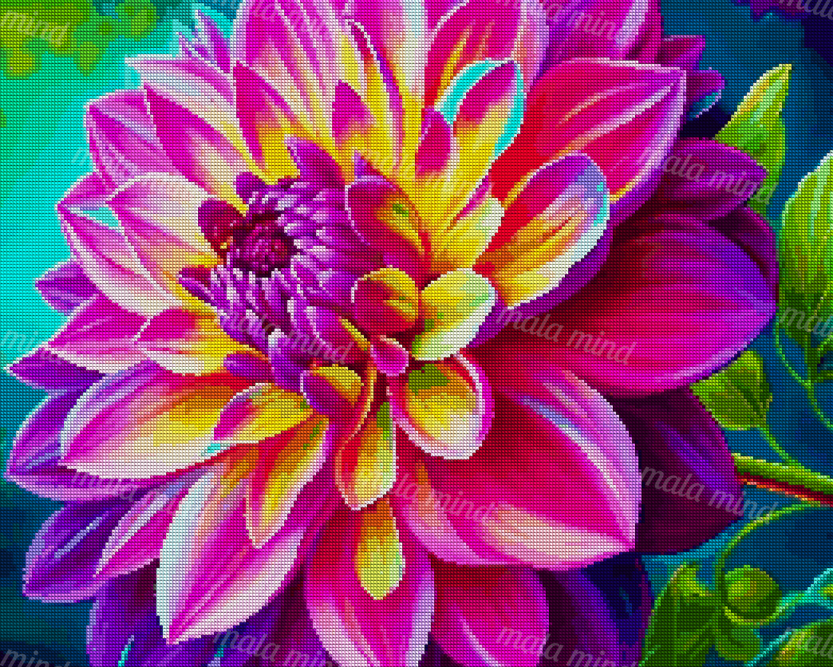 Vivid multicolored flower with layered petals, green foliage, and a deep blue background — 04_diamond_render