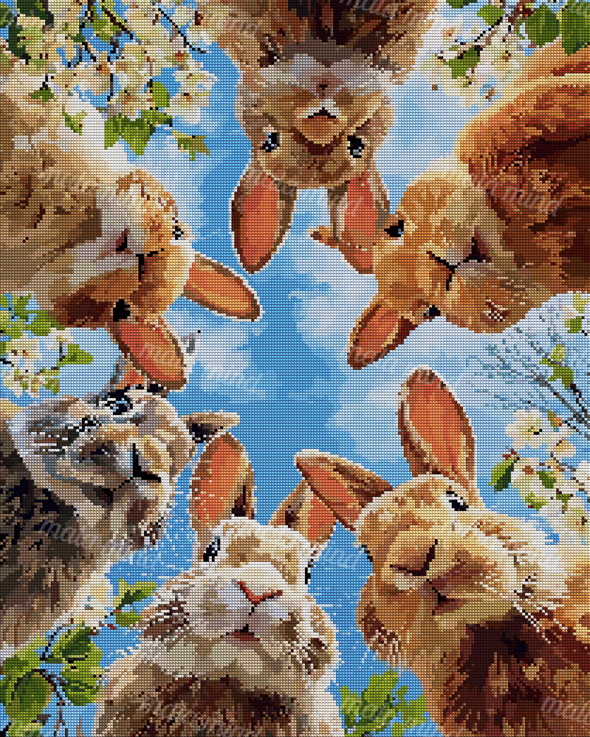 Colorful rabbits framed by white blossoms and green leaves against a bright blue background — 04_diamond_render