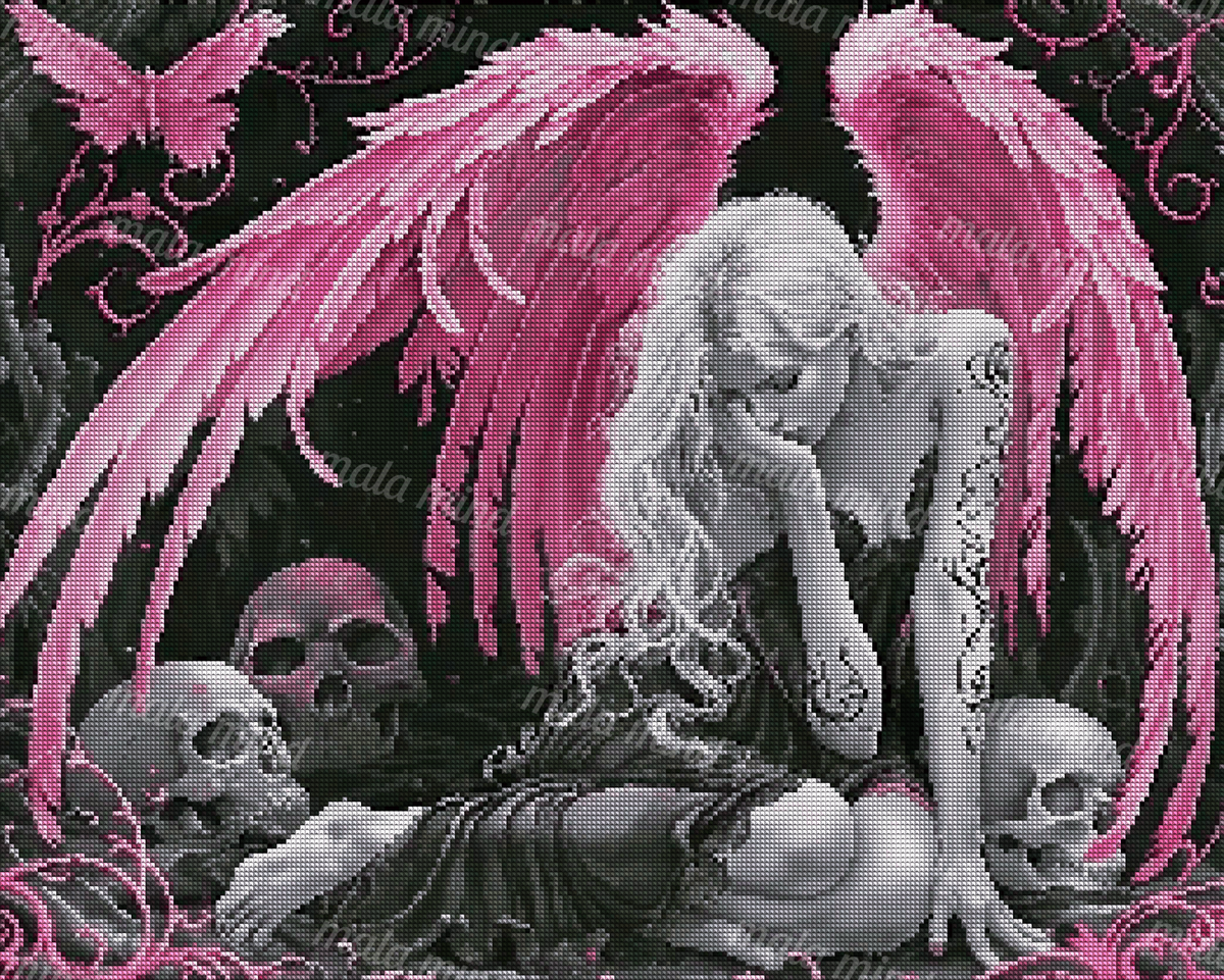 Seated tattooed woman with large pink wings, skulls, vines, and a butterfly in a dark gothic scene — 04_diamond_render
