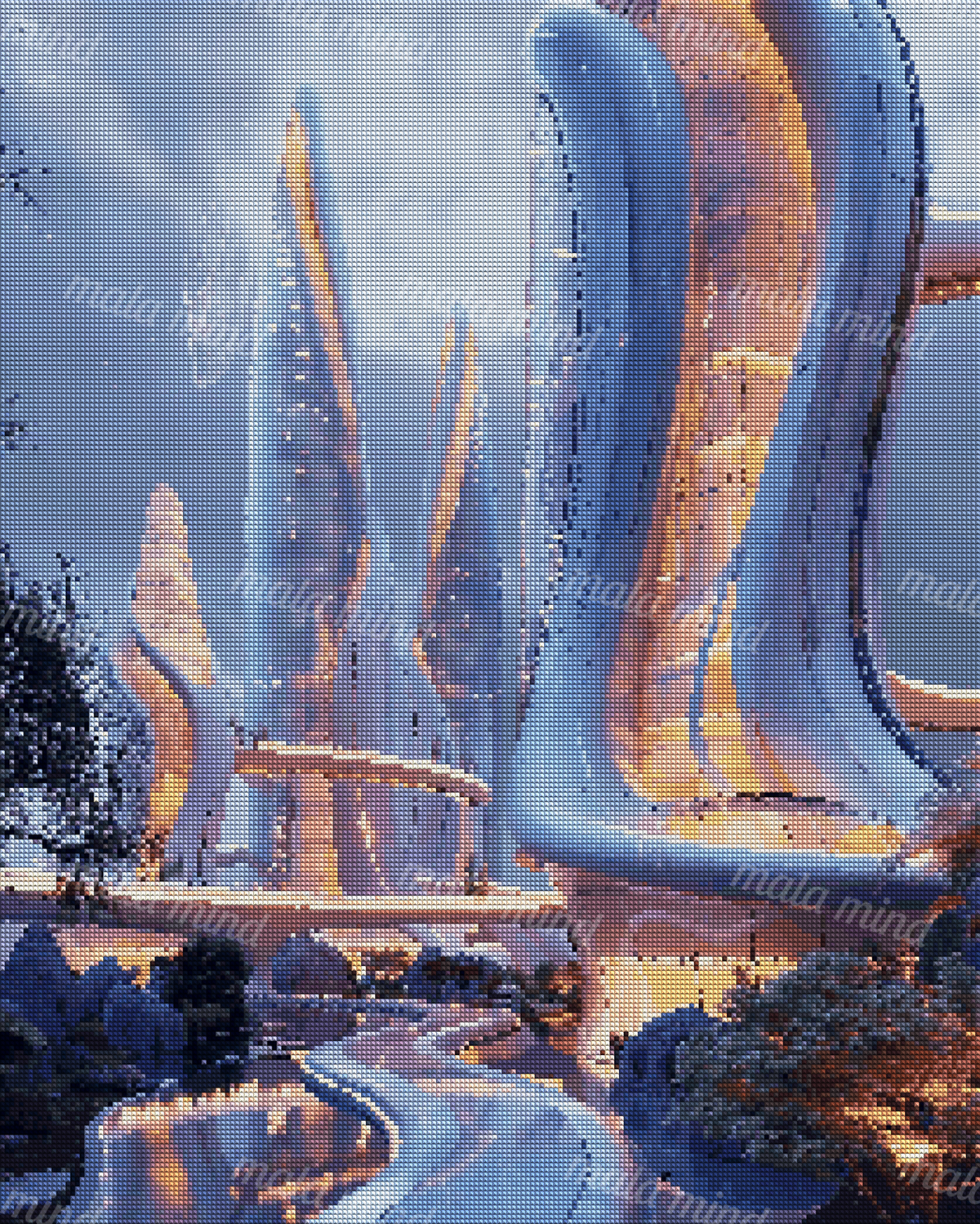 Futuristic curved towers with glowing windows, elevated walkways, gardens, and reflective pools at dusk — 04_diamond_render