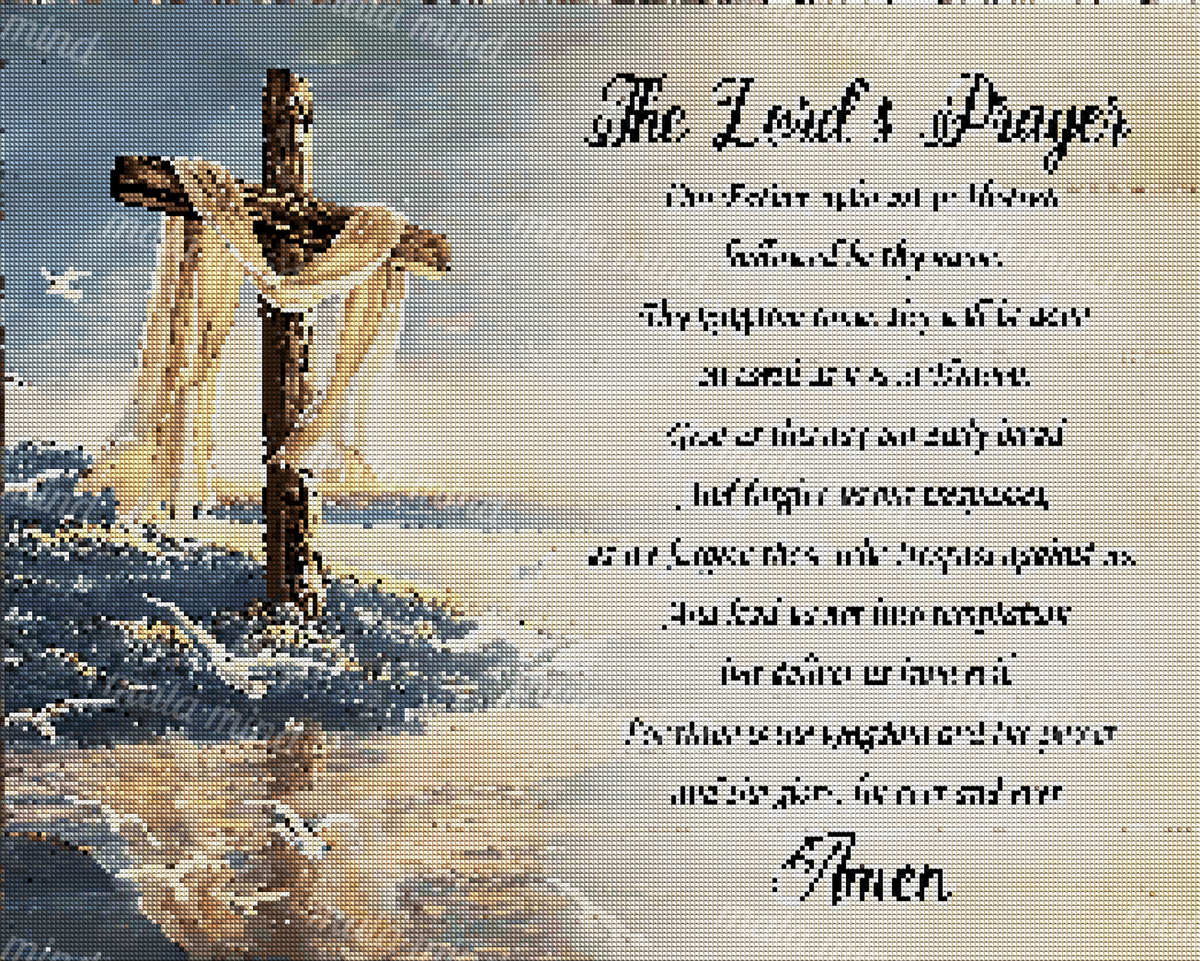 Cloth-draped wooden cross beside the sea with seabirds and The Lord's Prayer in calligraphy — 04_diamond_render