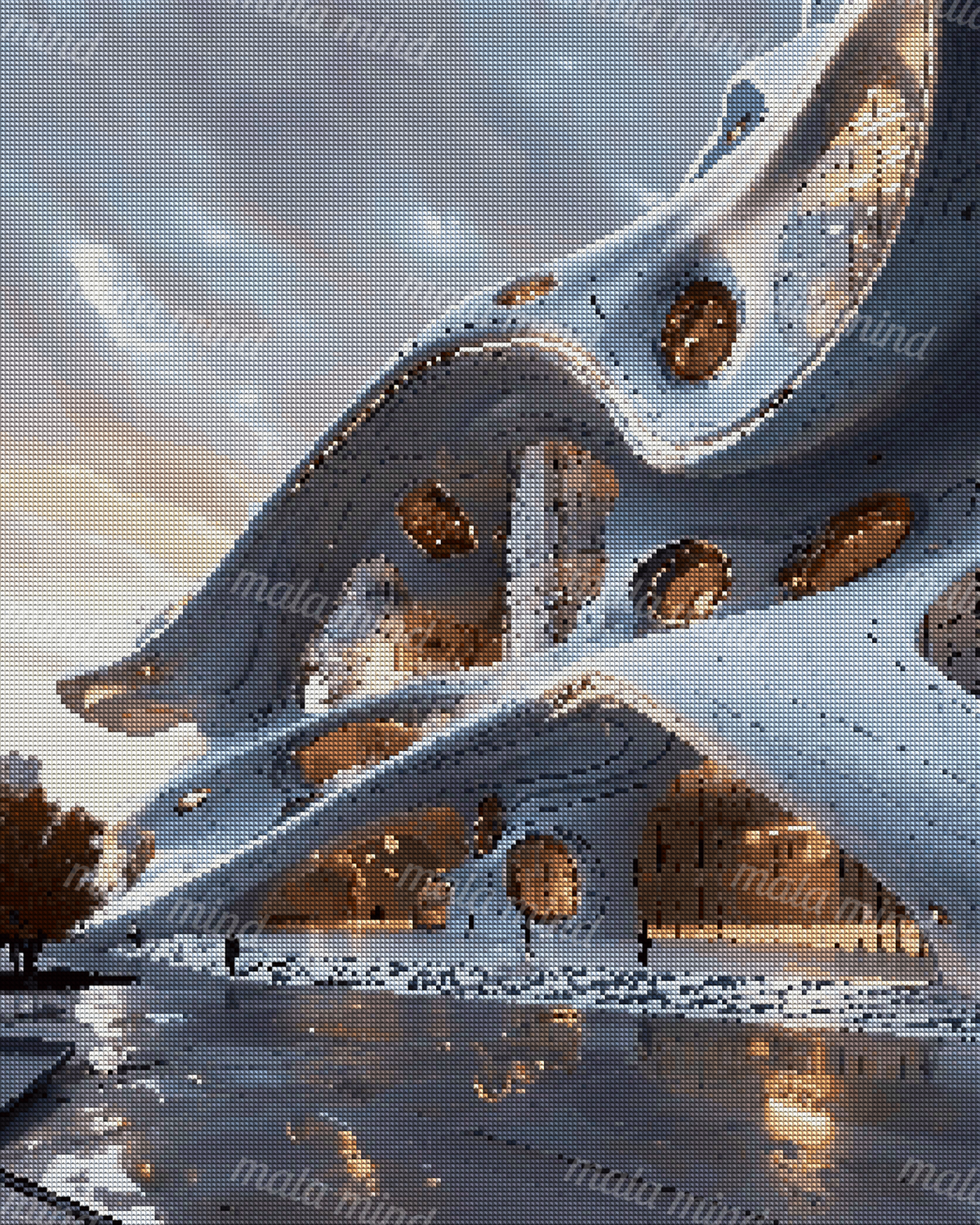 Futuristic curved building with glowing windows above a reflective plaza under a cloudy sky — 04_diamond_render