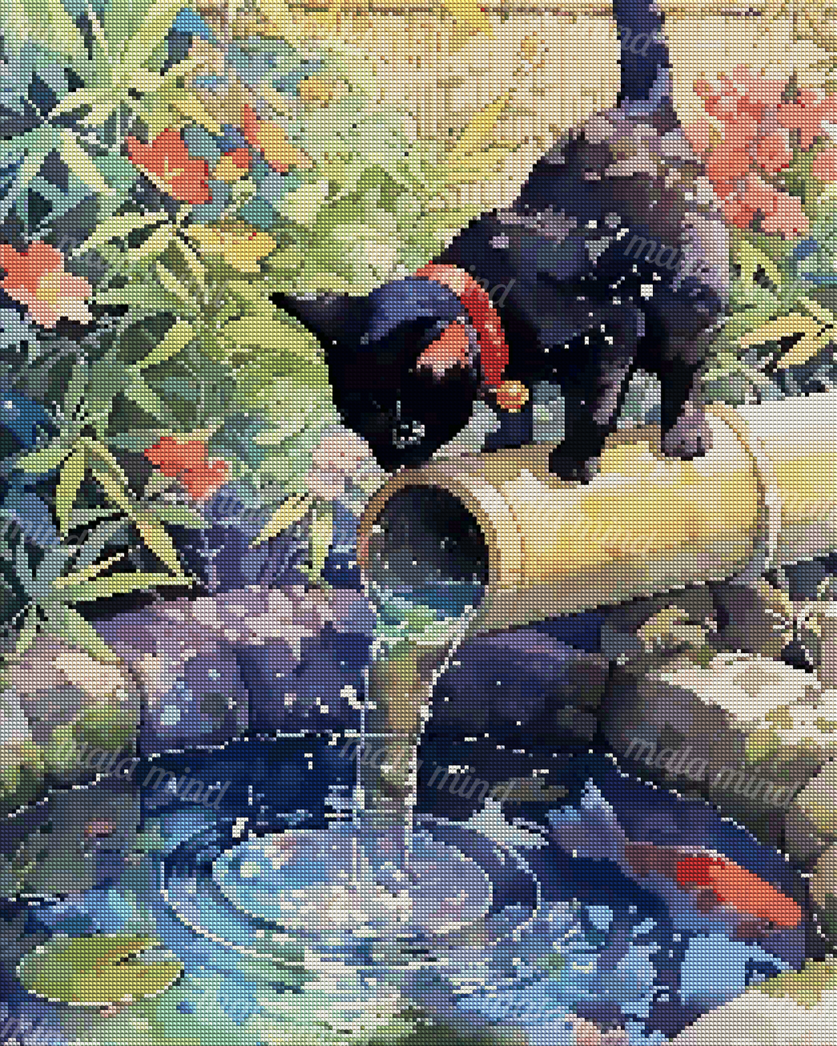 Two dark cats perch on a bamboo water spout above a flower-filled pond with koi and rippling water. — 04_diamond_render