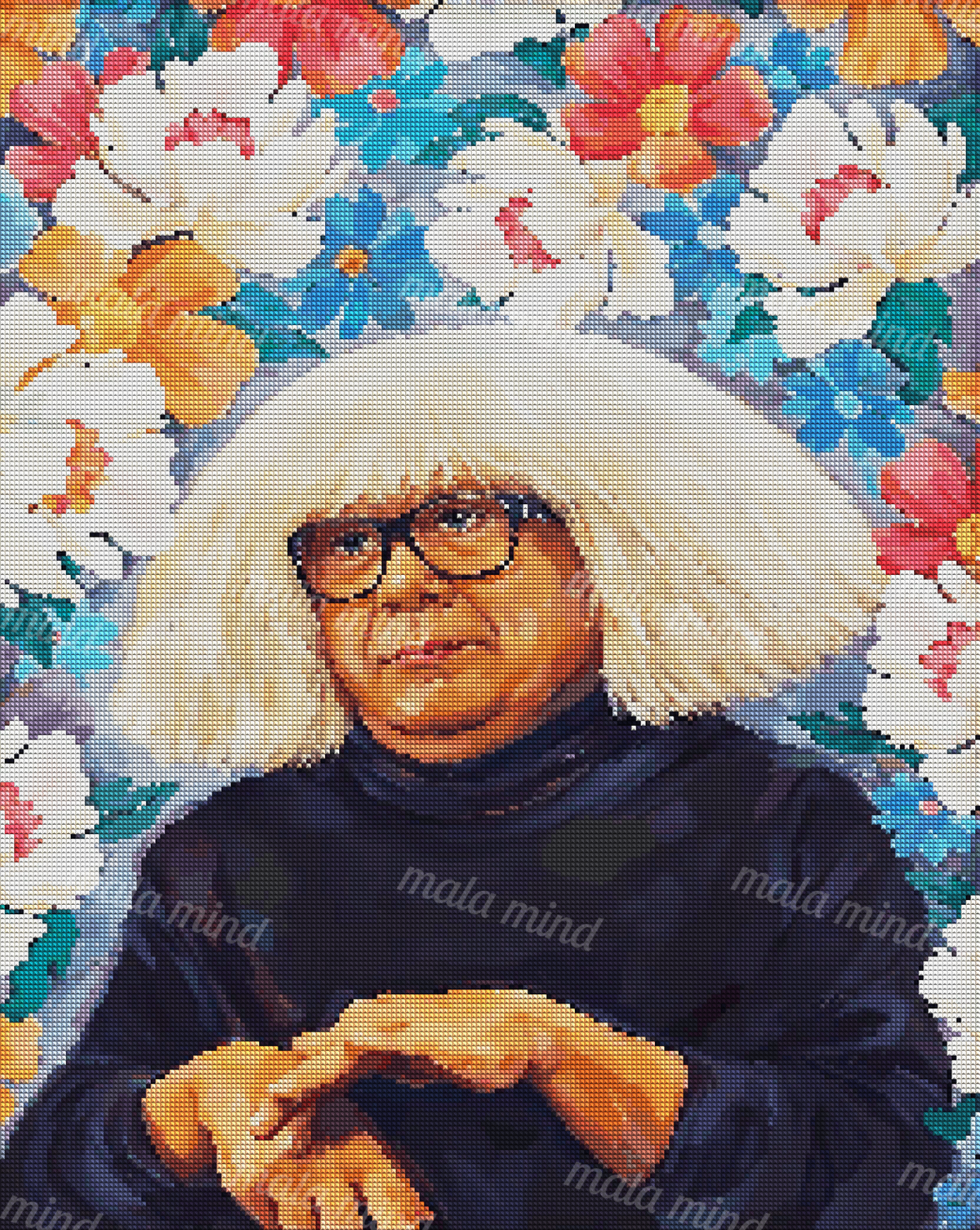 Portrait of a blonde person in dark glasses surrounded by colorful flowers and green leaves — 04_diamond_render