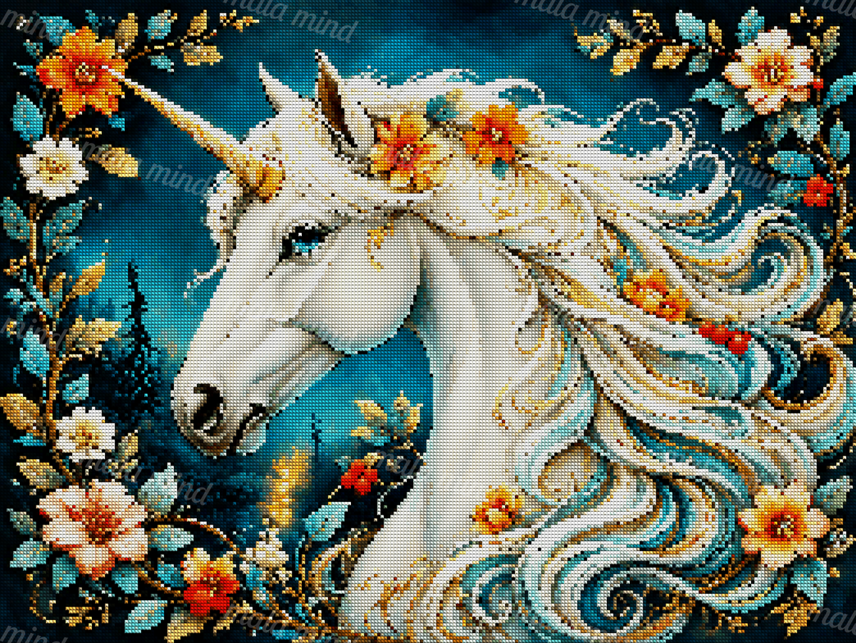 White unicorn with a floral turquoise mane, golden horn, and evergreen forest backdrop — 04_diamond_render
