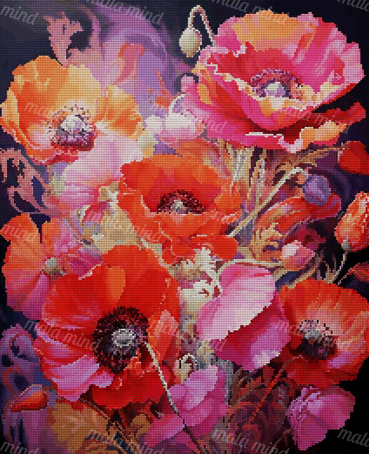 Colorful red, orange, pink, and purple poppy bouquet with foliage on a dark background — 04_diamond_render