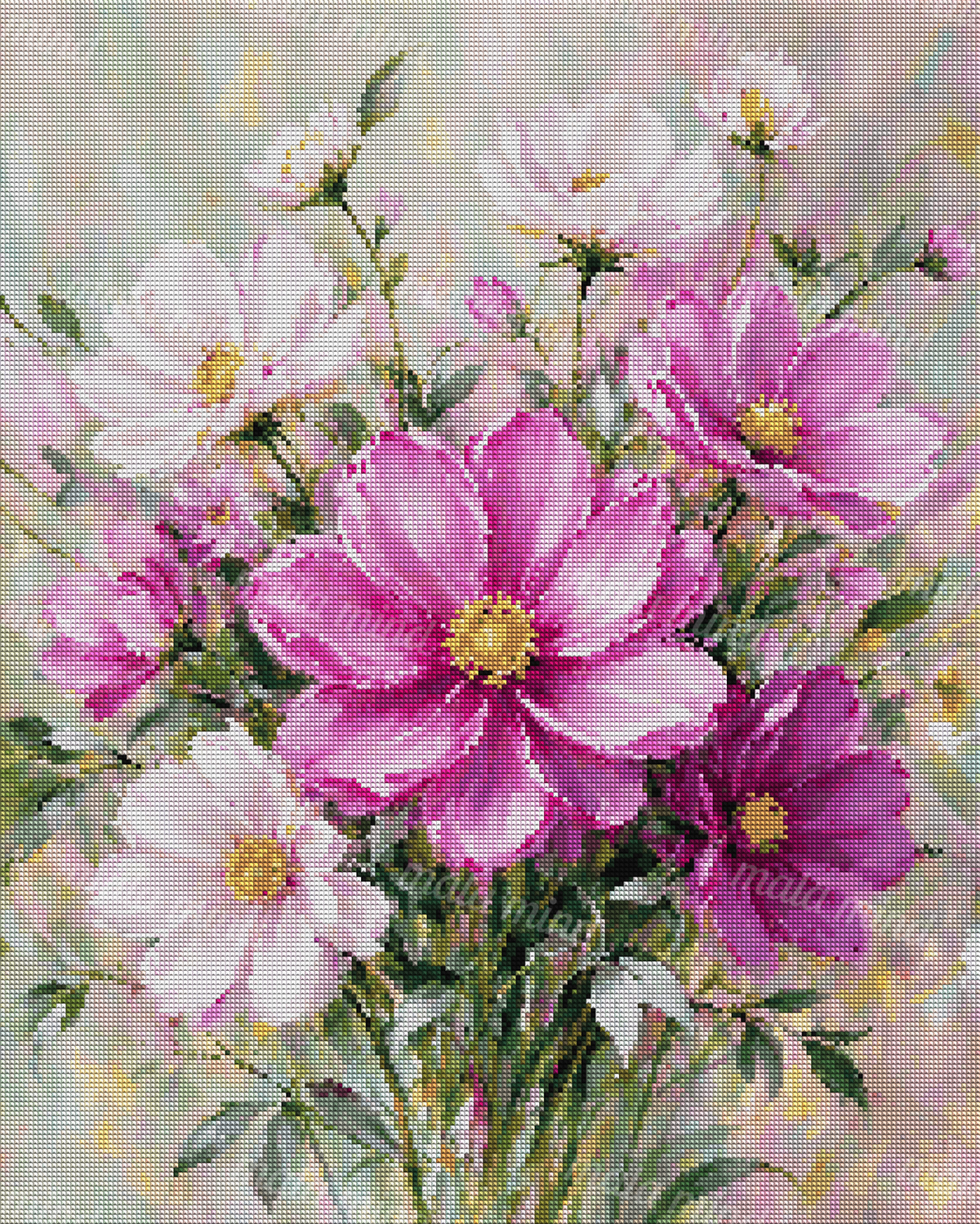 Painterly bouquet of pink, magenta, and white cosmos-like flowers with green stems and foliage. — 04_diamond_render