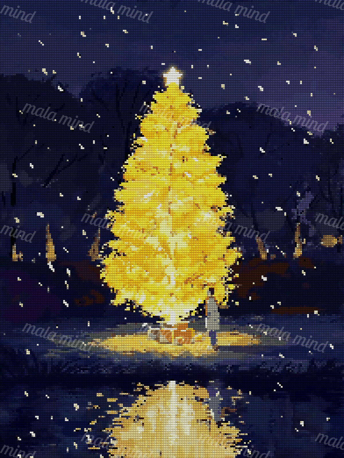 Glowing golden Christmas tree with star, gifts, falling snow, person, and pond reflection in a dark woodland — 04_diamond_render