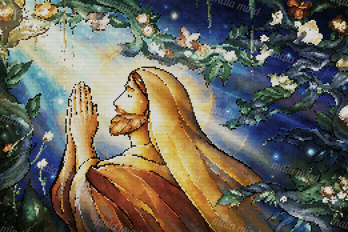 Stained-glass style hooded bearded figure praying among flowering vines beneath a radiant halo — 04_diamond_render