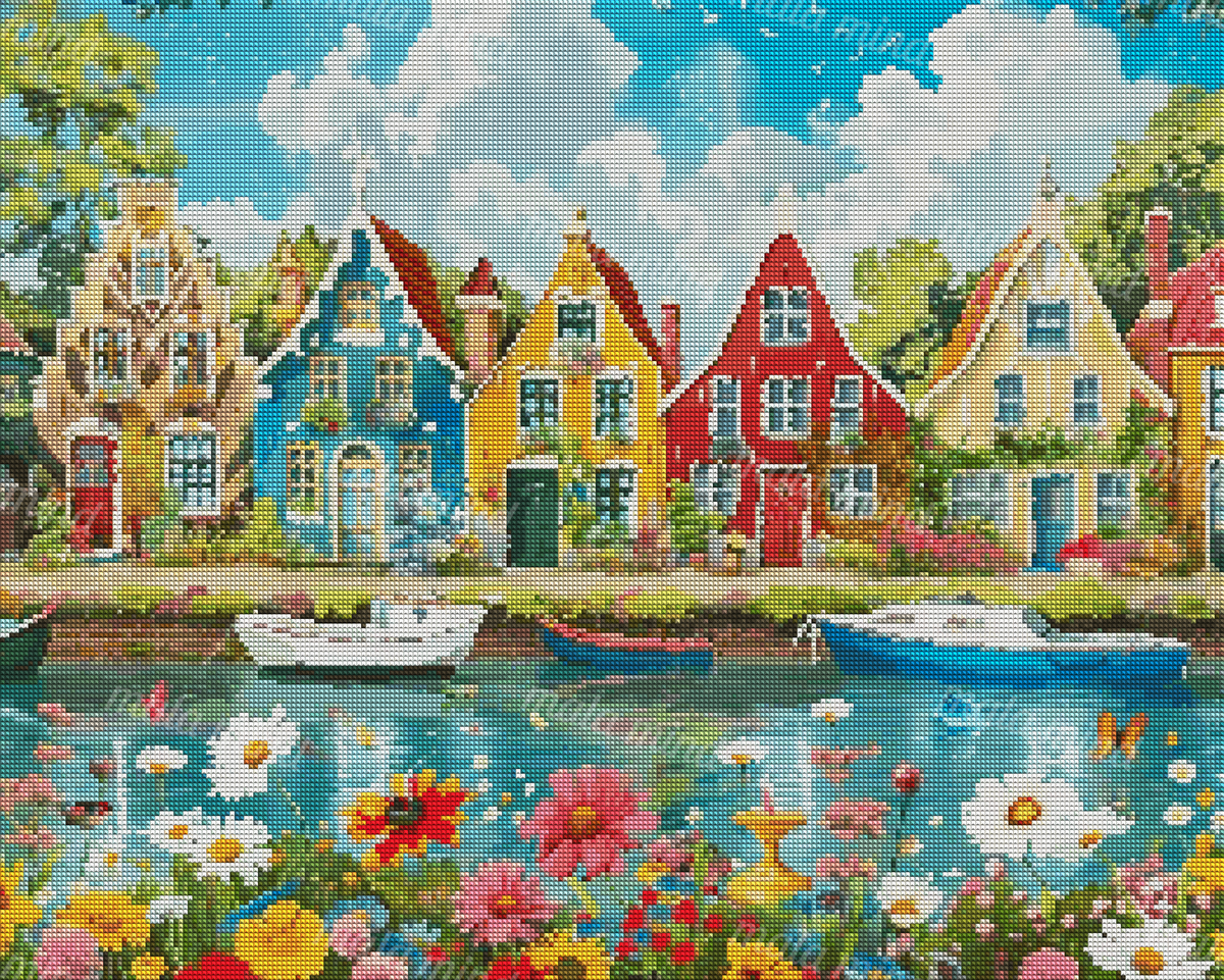 Colorful canal village with gabled houses, three boats, reflective water, and abundant foreground flowers — 04_diamond_render