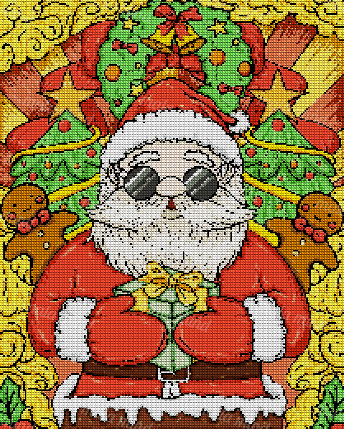 Cartoon Santa in sunglasses holding a green gift, surrounded by Christmas trees, wreaths, stars, and gingerbread figures. — 04_diamond_render