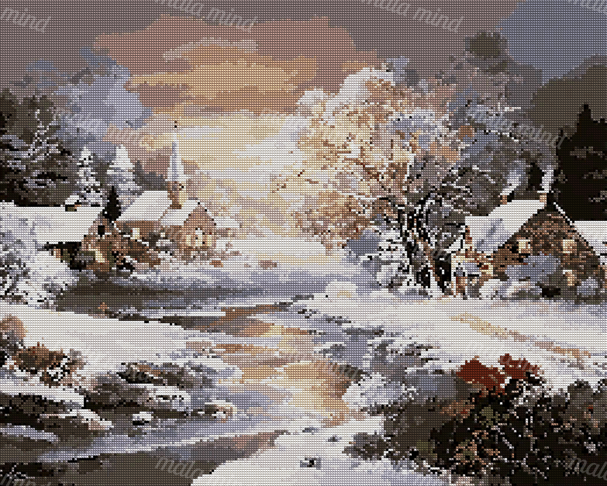 Snow-covered village with a steepled church, winding stream, trees, and houses beneath a cloudy sky — 04_diamond_render