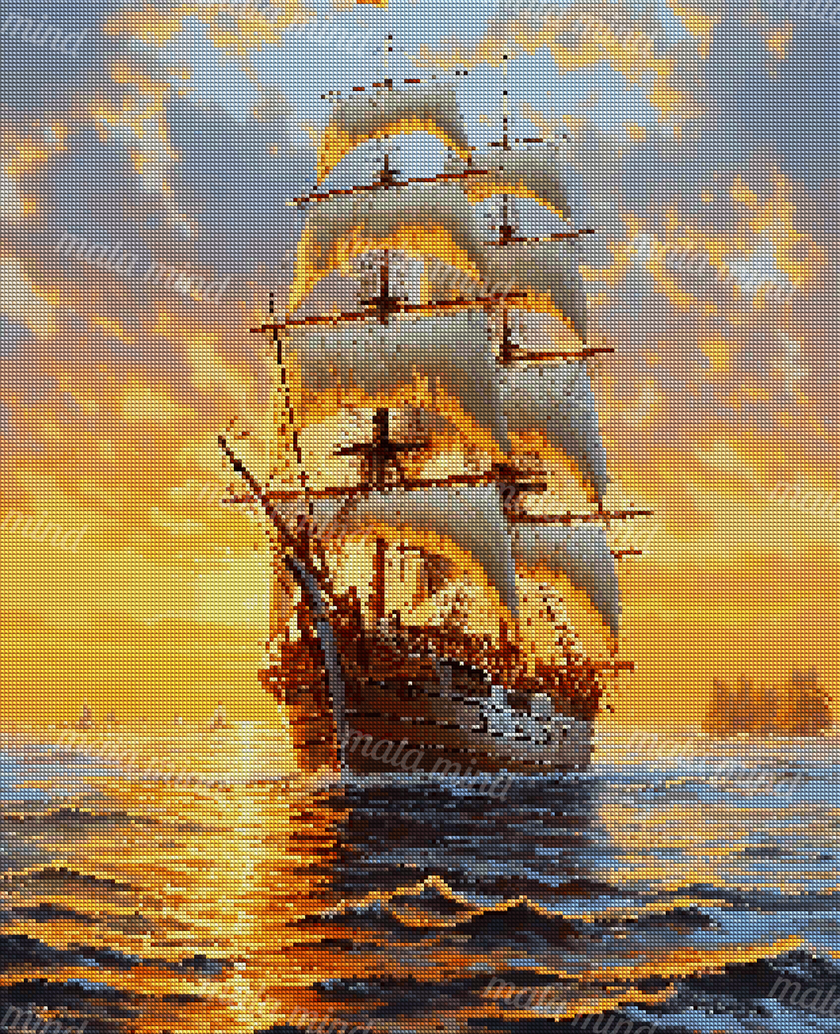 Three-masted sailing ship with glowing sails crossing ocean waves beneath an orange sunset — 04_diamond_render