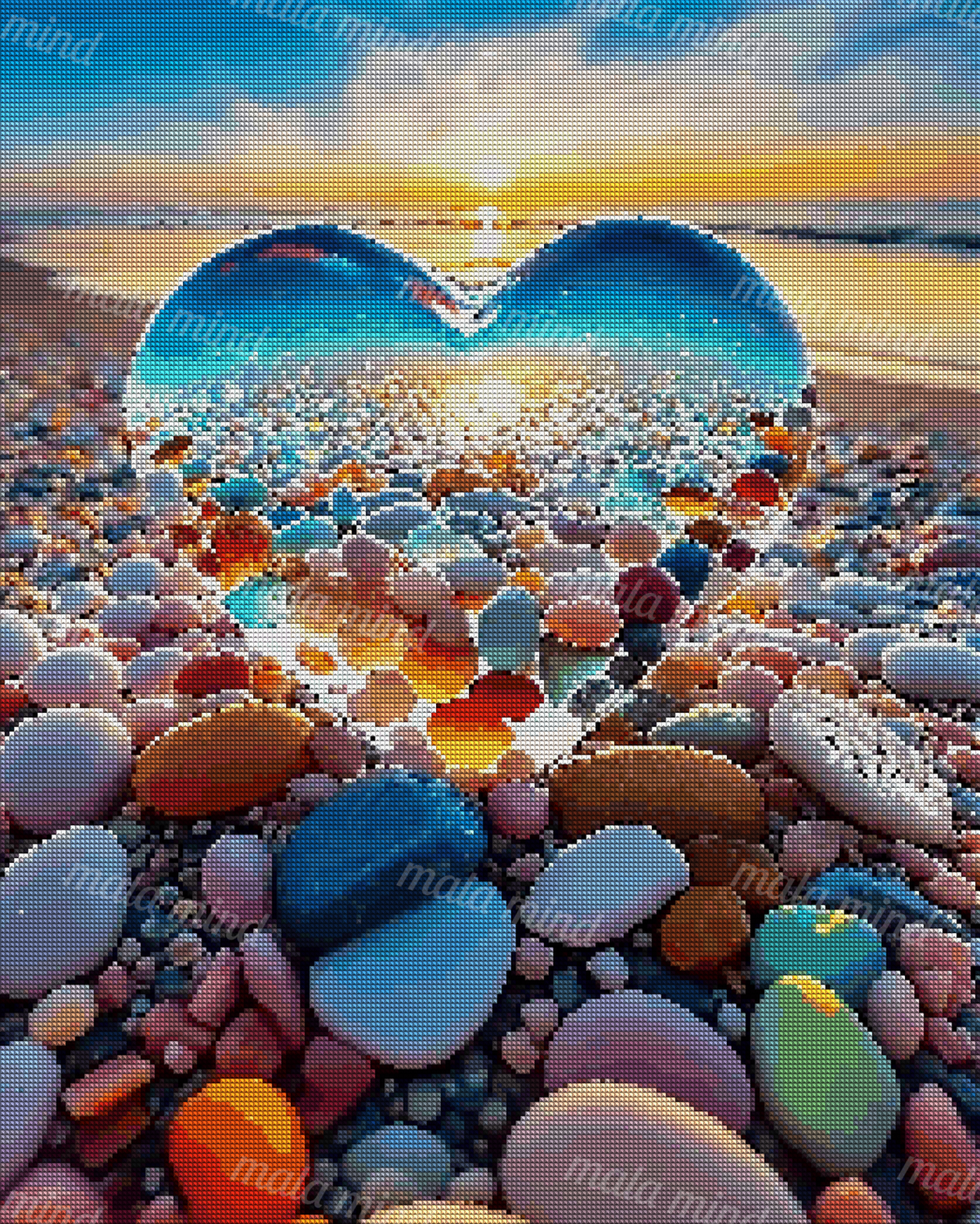 Translucent blue heart filled with colorful pebbles on a beach at sunset — 04_diamond_render