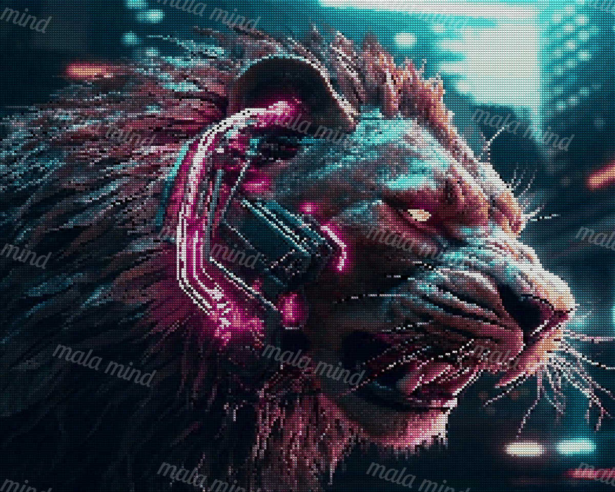 Close-up cyberpunk lion with a glowing yellow eye and neon magenta mechanical device — 04_diamond_render