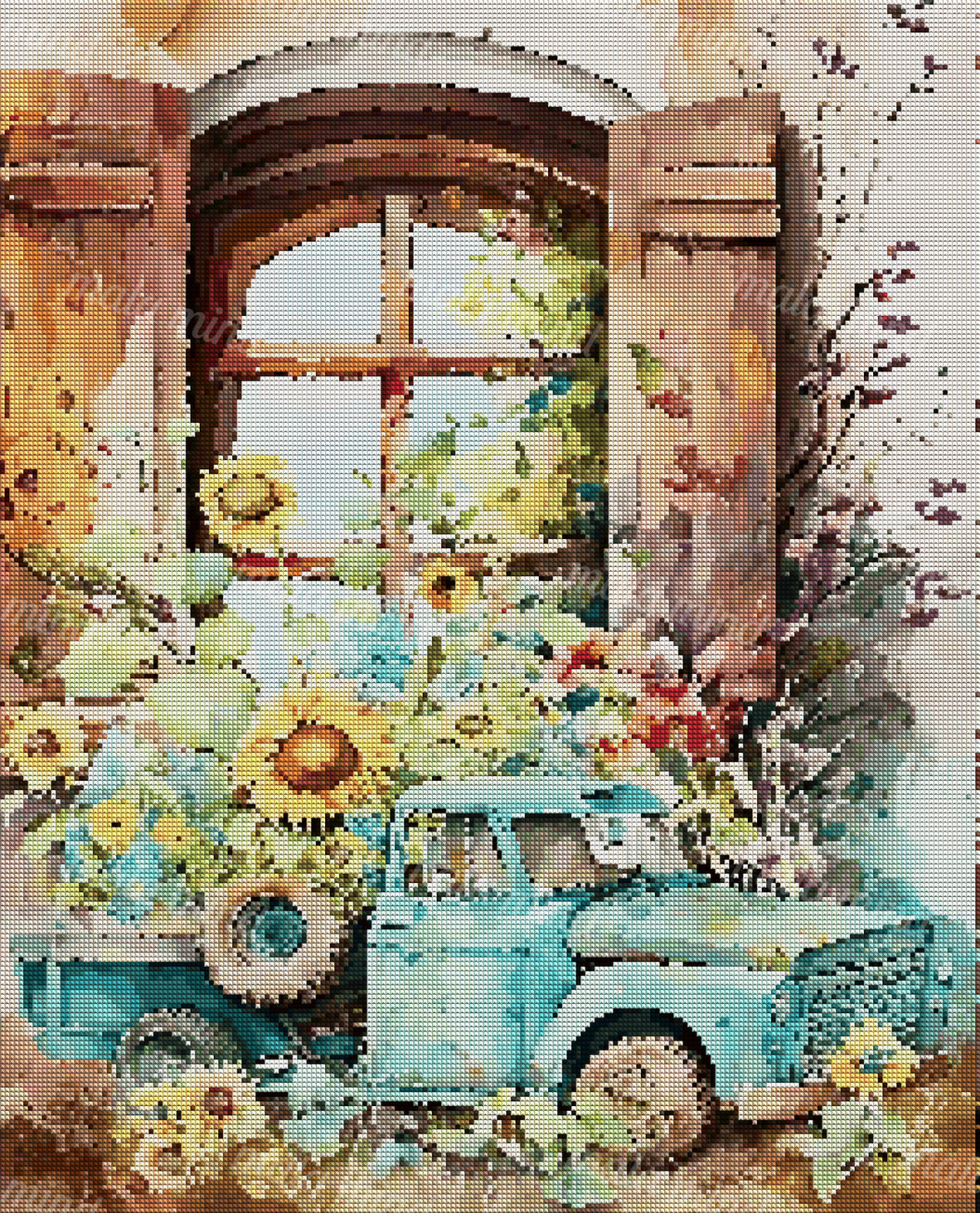 Watercolor-style turquoise vintage pickup truck surrounded by sunflowers and colorful flowers beneath a rustic window. — 04_diamond_render