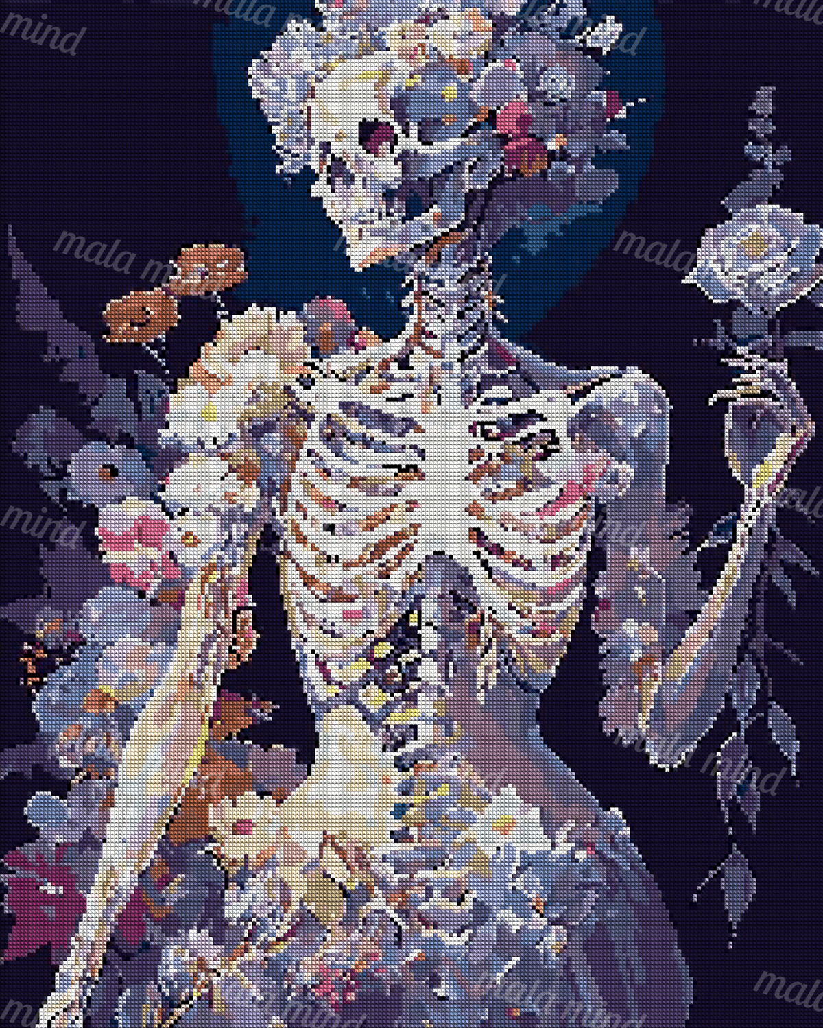 Faceted humanoid skeleton surrounded by colorful flowers against a dark navy background — 04_diamond_render