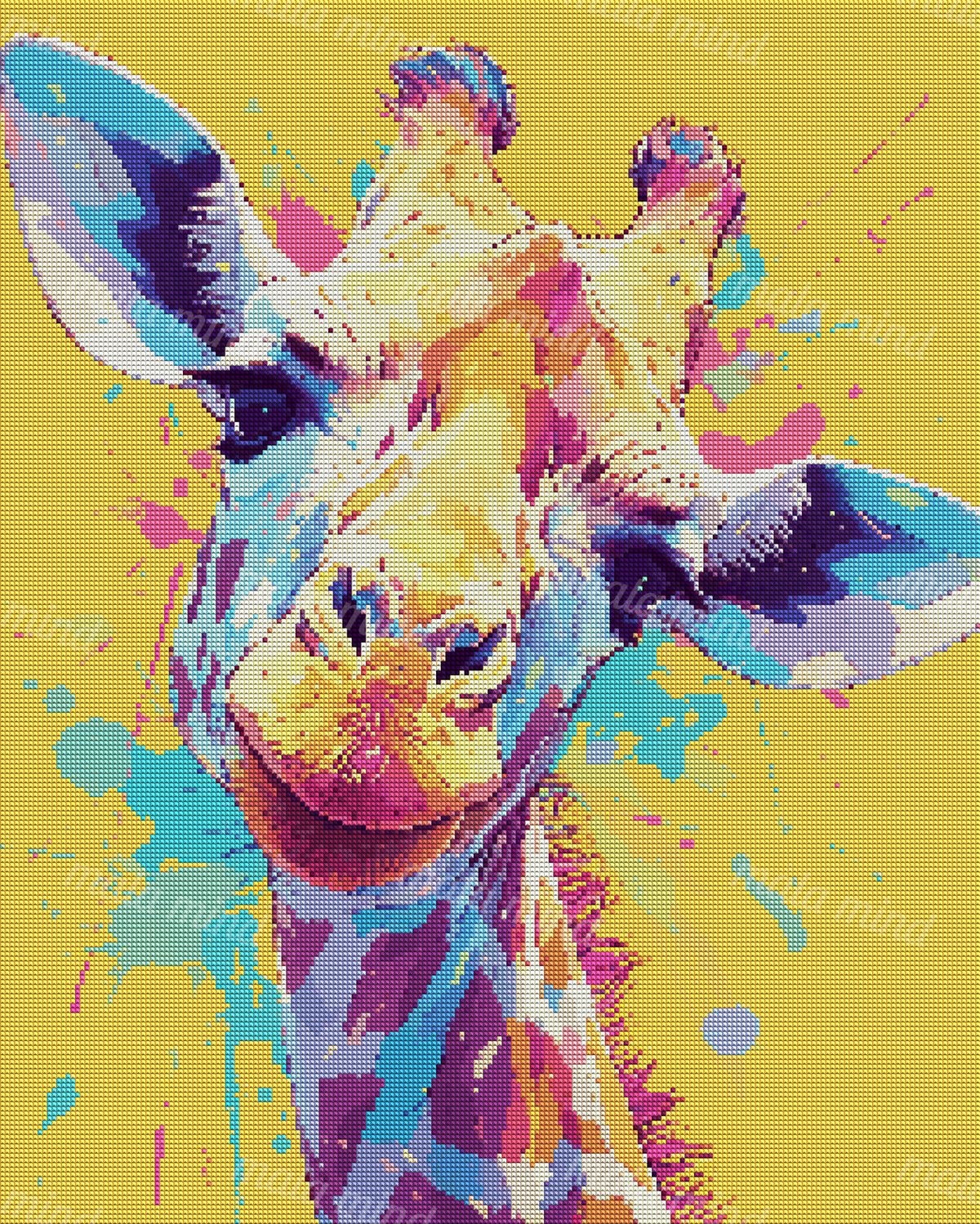 Colorful close-up giraffe portrait with multicolored markings and paint splashes on a yellow background — 04_diamond_render