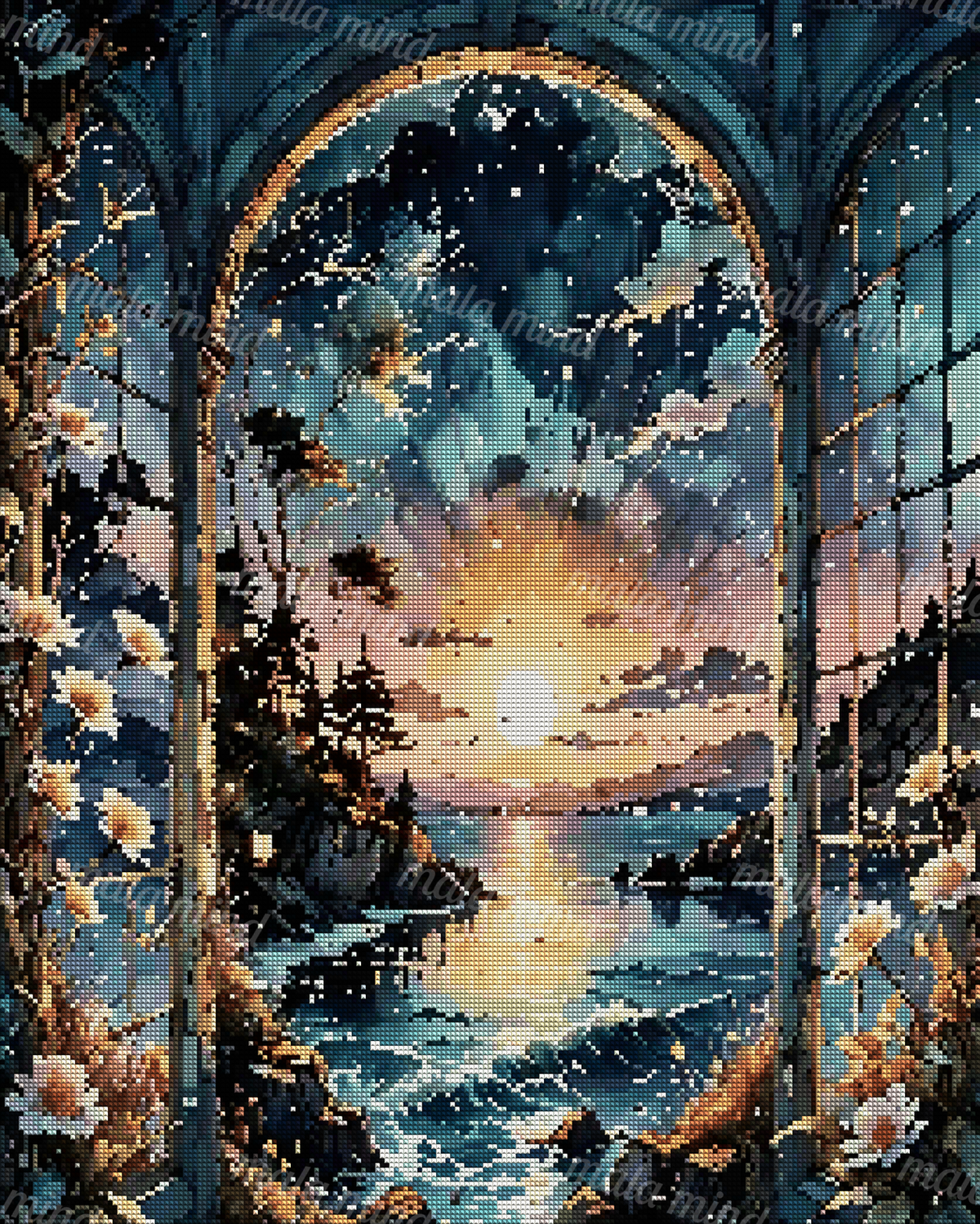 Flower-framed arched window opening onto a glowing sunset over a mountainous ocean coast. — 04_diamond_render