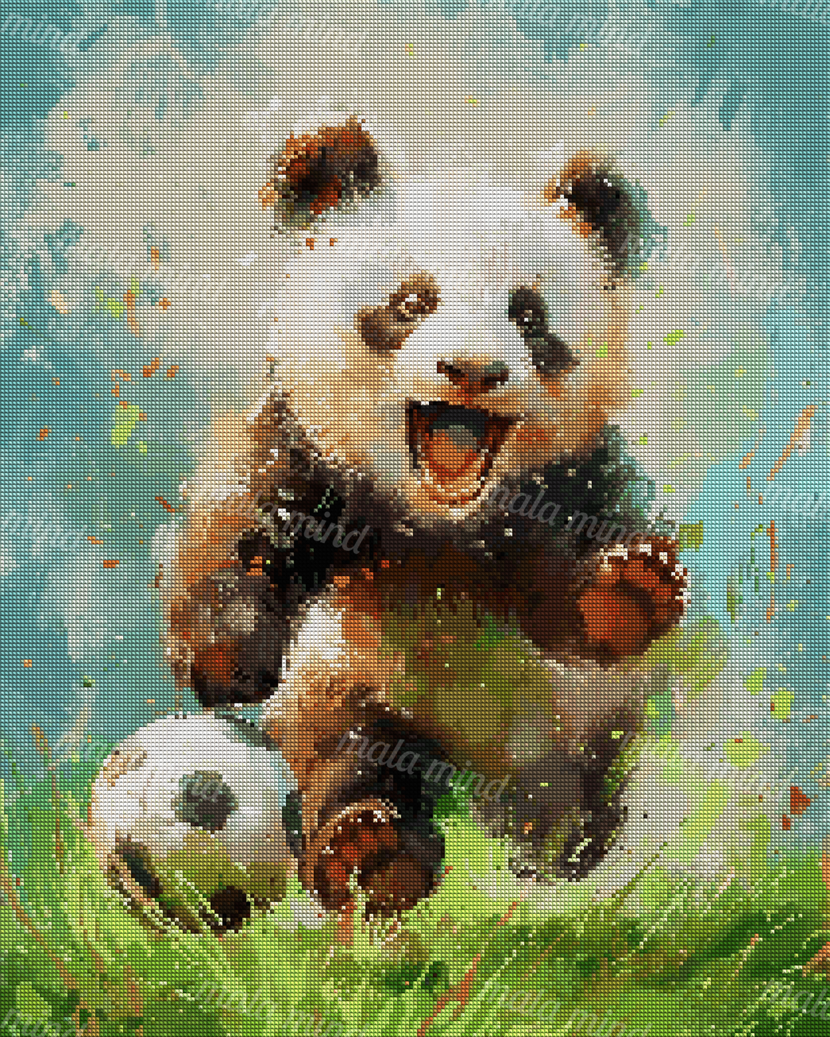 Playful giant panda with an open mouth beside a soccer ball in colorful grass — 04_diamond_render