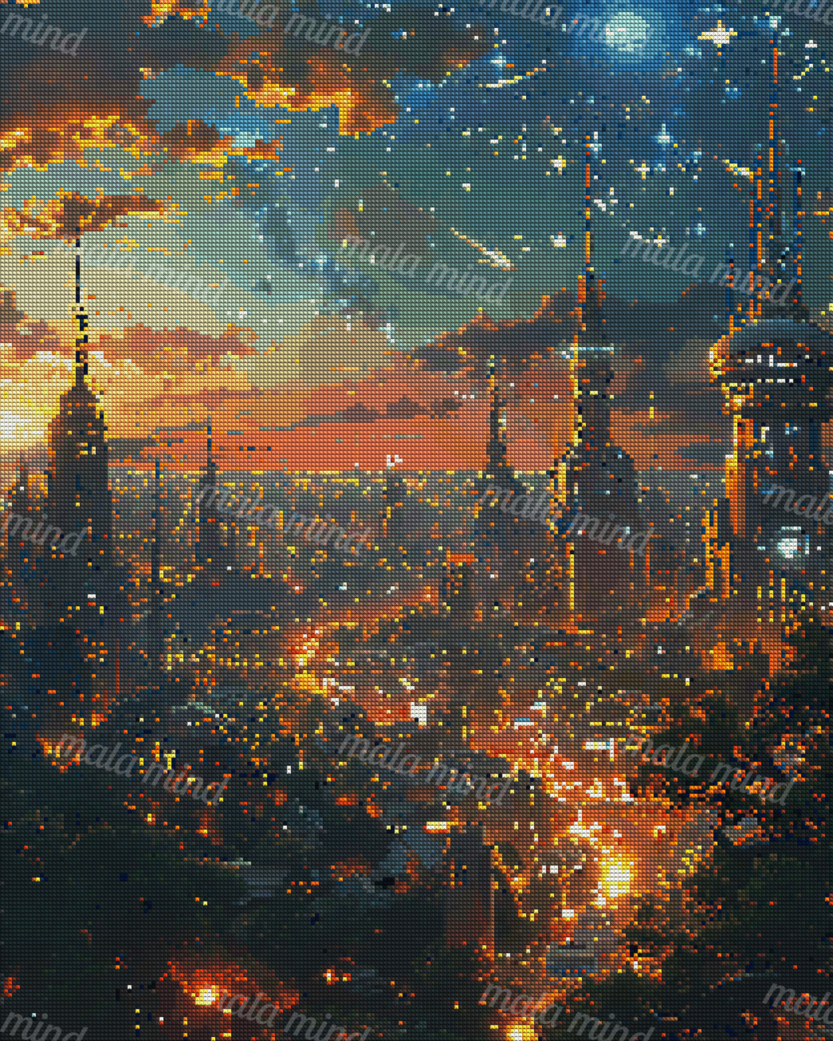 Futuristic illuminated city beneath an orange sunset, stars, clouds, and a deep blue celestial sky — 04_diamond_render