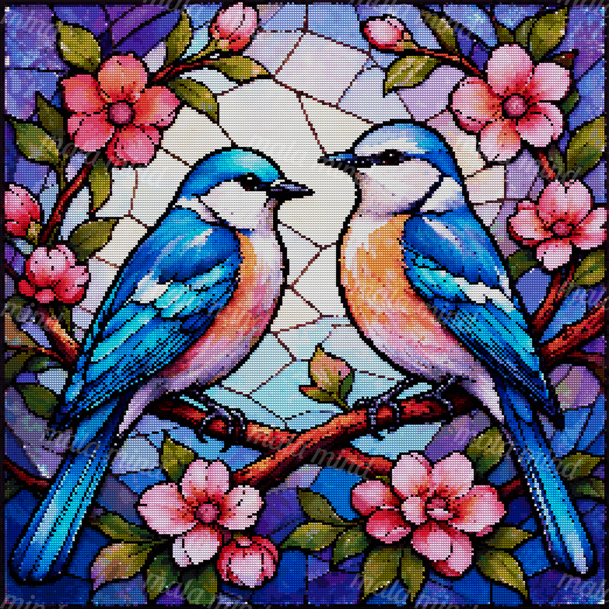 Two blue-and-orange birds on flowering branches in a colorful stained-glass scene — 04_diamond_render