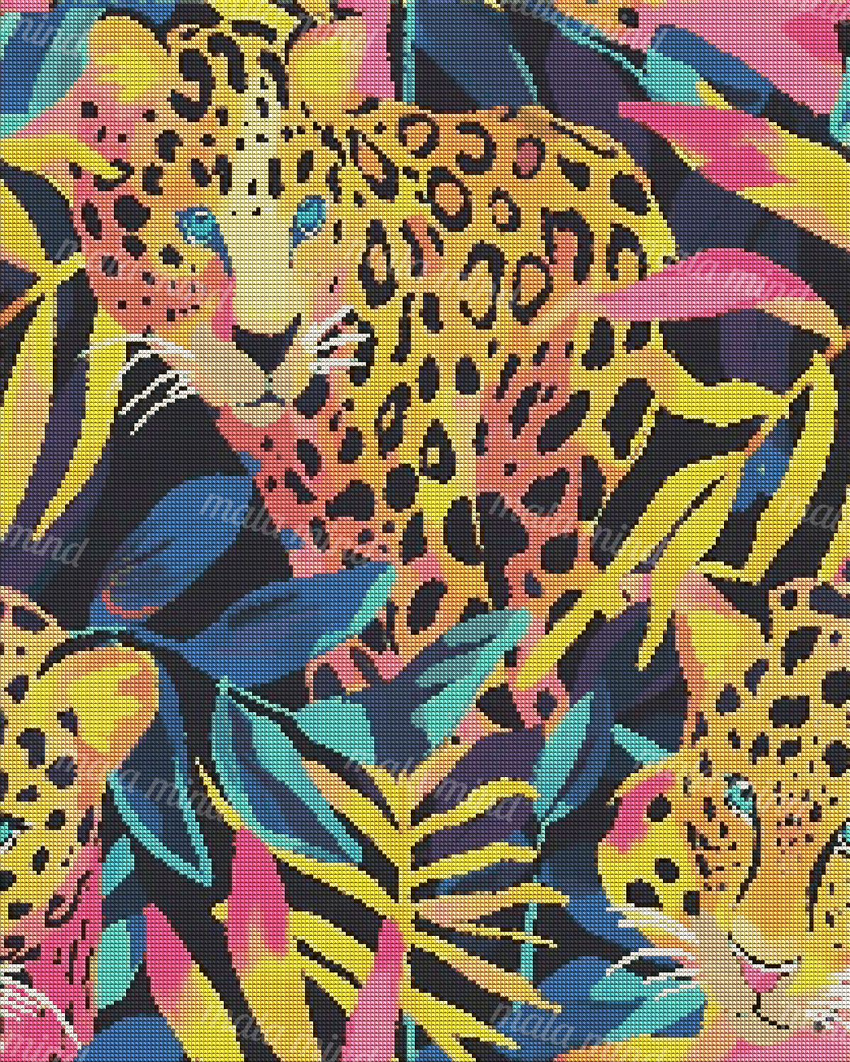 Three colorful leopards surrounded by tropical leaves and flowers in a bold graphic illustration — 04_diamond_render