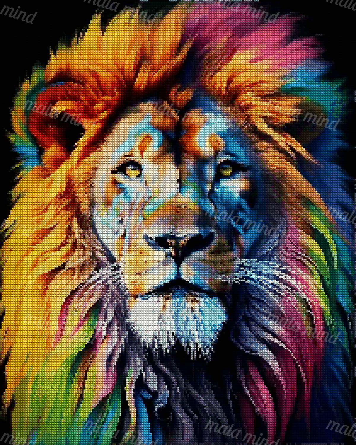 Front-facing lion portrait with golden eyes and a vivid rainbow-colored mane on a dark background — 04_diamond_render