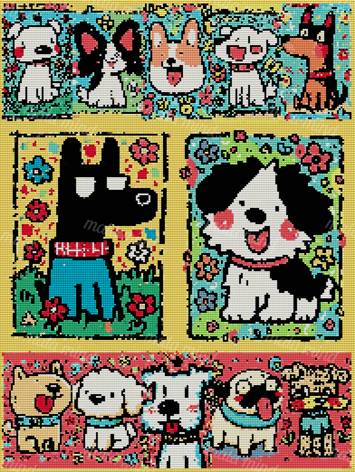 Colorful cartoon dog portraits arranged in floral and geometric decorative panels — 04_diamond_render