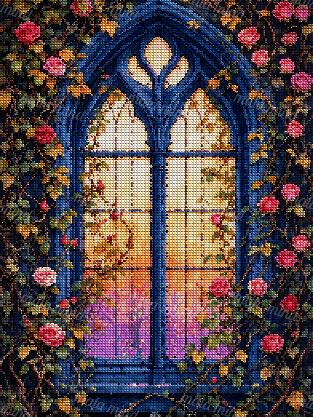 Pointed gothic window glowing in peach and violet, framed by pink roses, vines, and deep blue architectural details. — 04_diamond_render