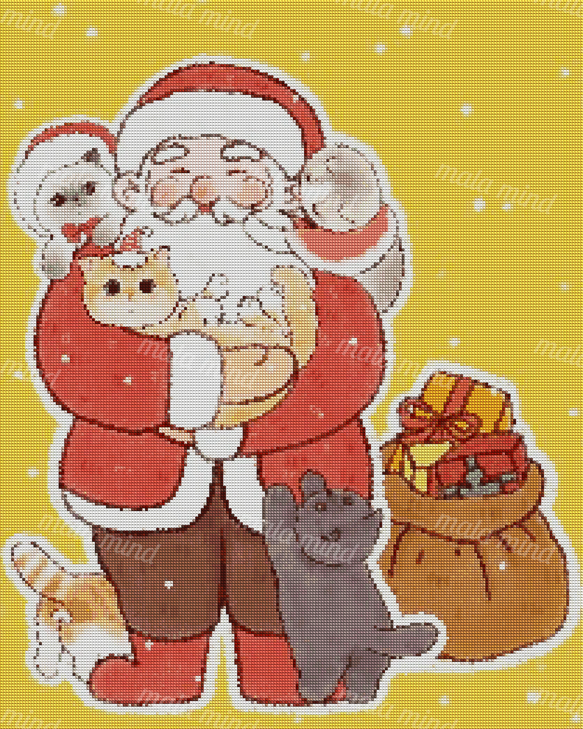 Cartoon Santa holds a cat while other cats and mice gather beside a sack of wrapped Christmas gifts. — 04_diamond_render