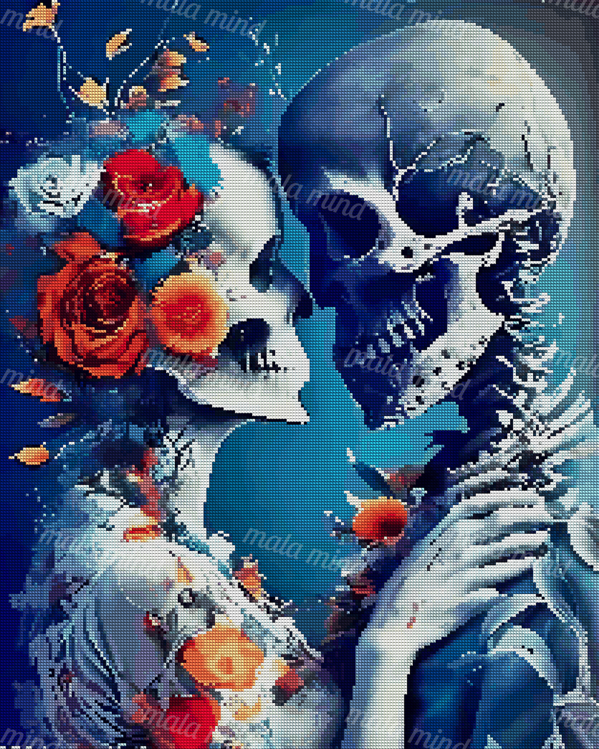 Two inward-facing skulls surrounded by red and orange flowers against a deep blue background — 04_diamond_render