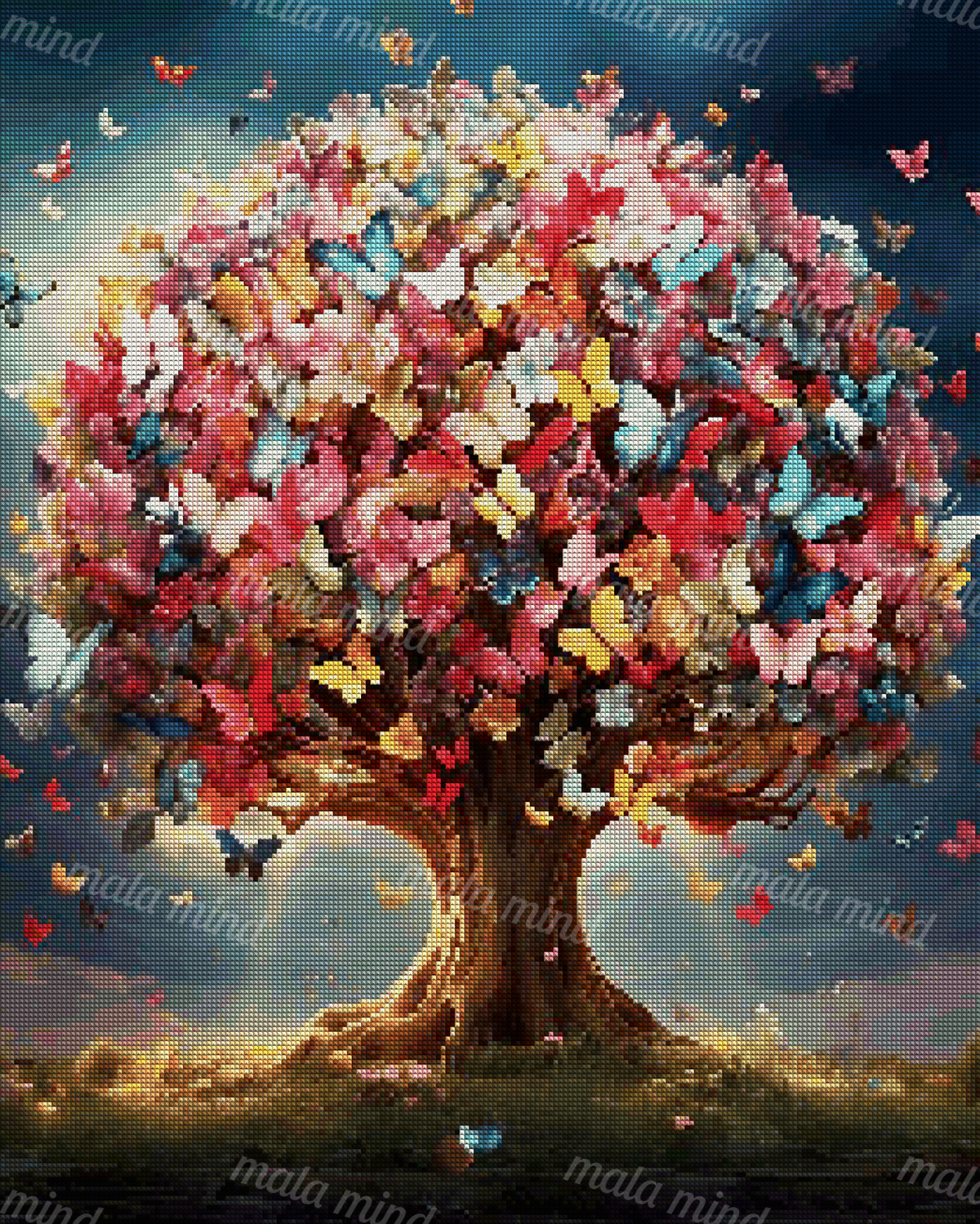 Large flowering tree covered with colorful butterflies in a grassy meadow beneath a dark teal sky — 04_diamond_render