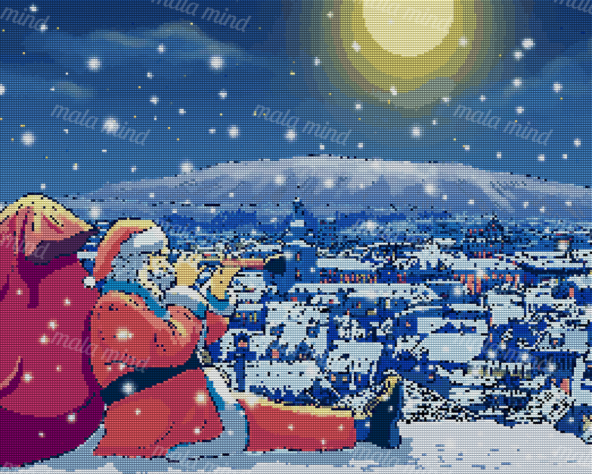 Cartoon Santa uses a telescope above a snowy city beneath a moonlit mountain sky. — 04_diamond_render