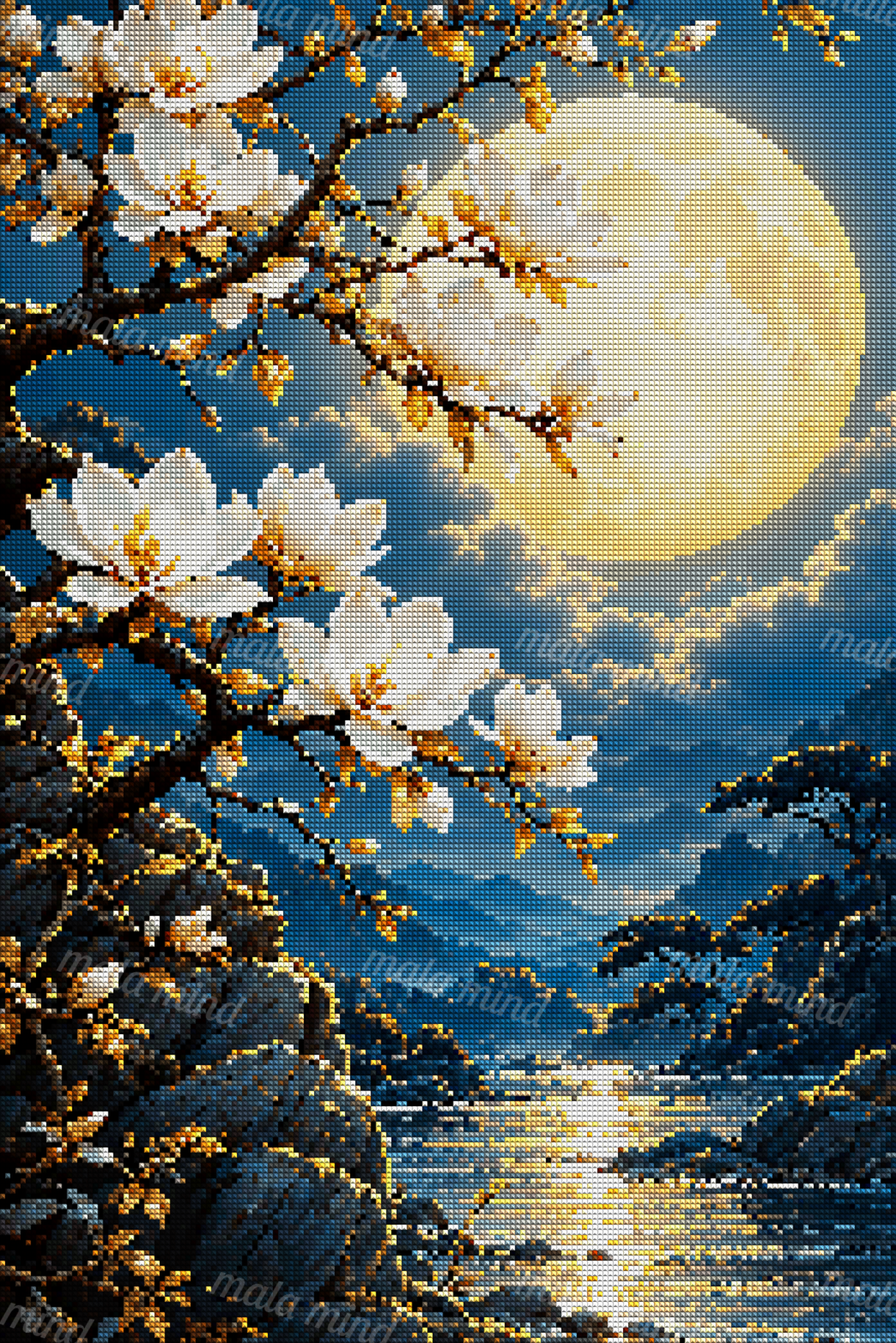 White magnolia branches frame a glowing full moon above a reflective mountain river and layered peaks. — 04_diamond_render
