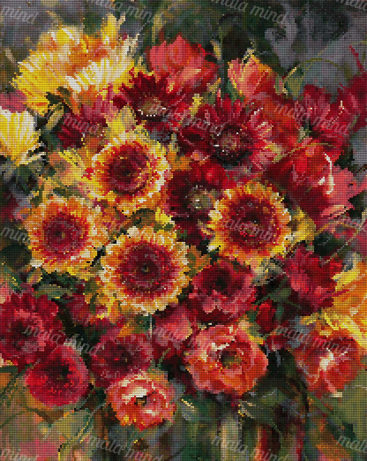 Painterly bouquet of red, orange, and yellow flowers surrounded by dark green foliage — 04_diamond_render