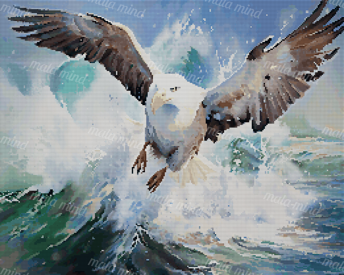 Bald eagle with outstretched wings flying above foaming ocean waves and splashing water — 04_diamond_render