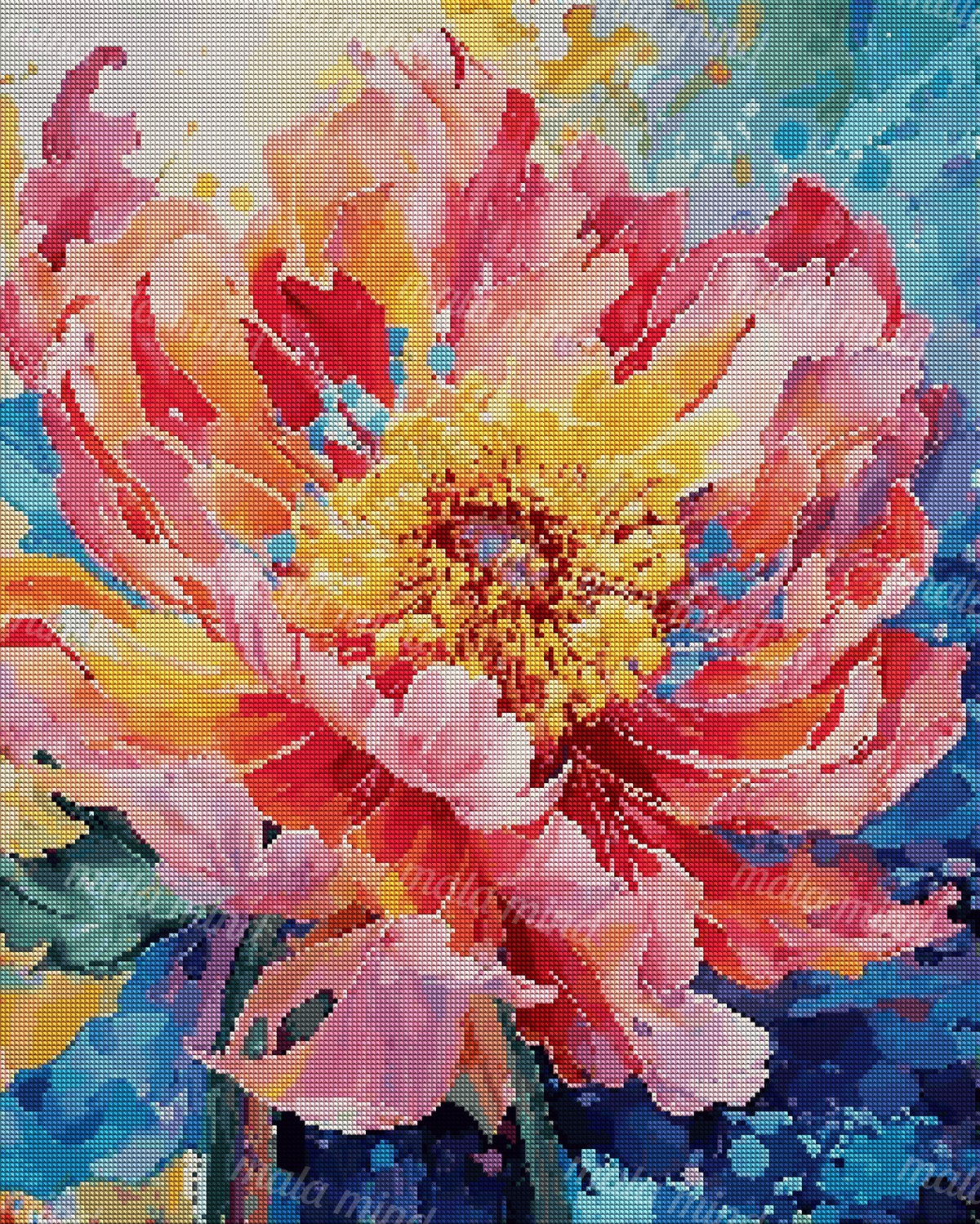 Colorful abstract flower with layered pink and coral petals, yellow center, green leaves, and blue accents — 04_diamond_render