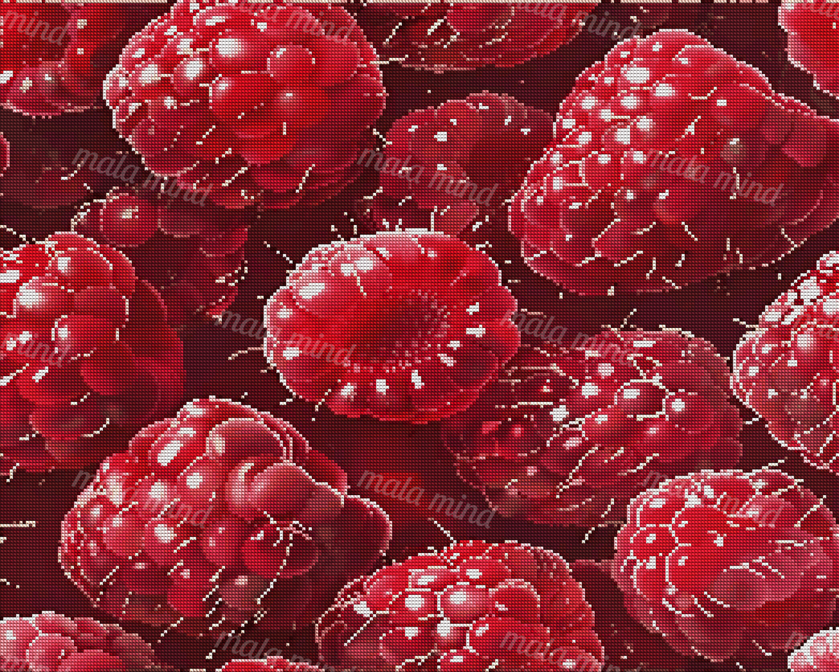 Glossy red raspberry clusters overlap across a dark burgundy background in a close-up fruit pattern. — 04_diamond_render