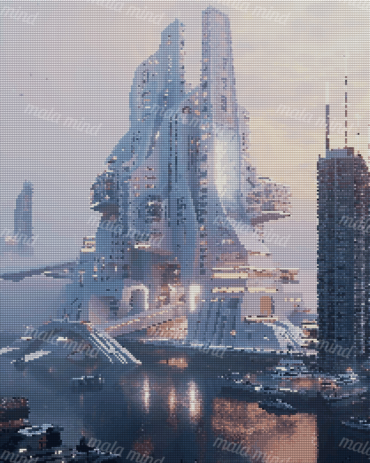 Futuristic waterfront city with a monumental illuminated tower, elevated structures, boats, and glowing reflections — 04_diamond_render