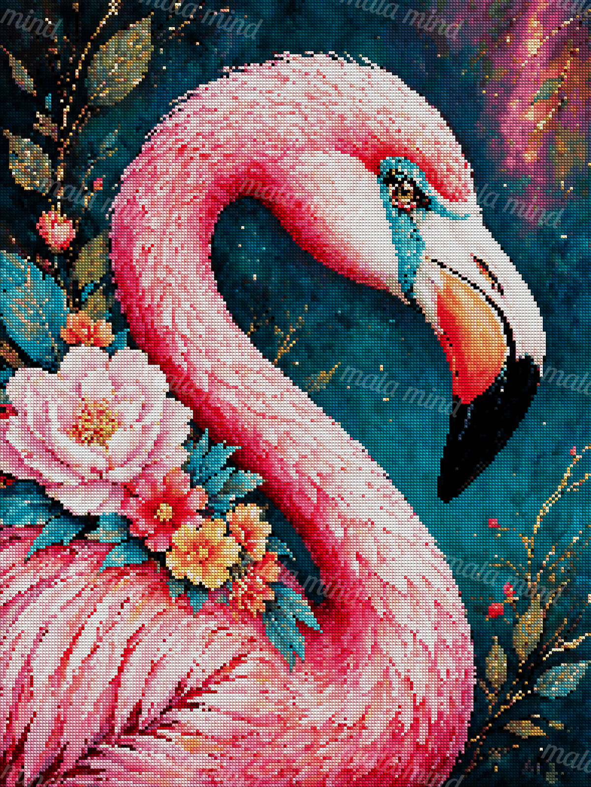Detailed pink flamingo portrait with colorful flowers, blue-green foliage, and gold branches on a teal background — 04_diamond_render