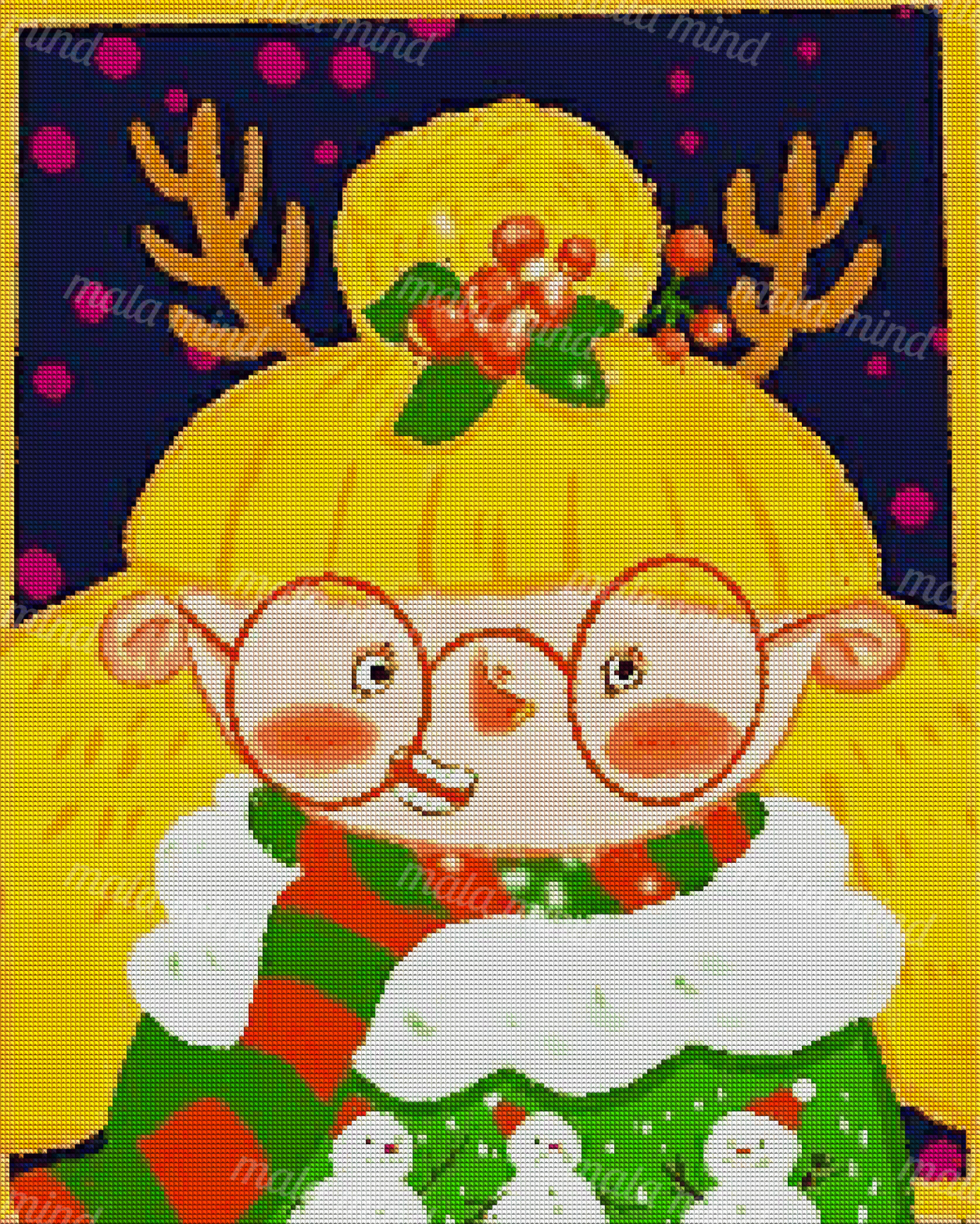 Cartoon Christmas elf with oversized glasses, antlered yellow hat, holly, scarf, and snowman sweater — 04_diamond_render