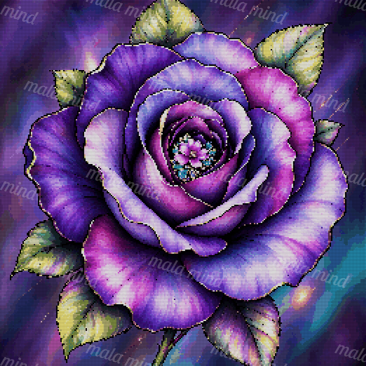 Ornate purple flower with layered petals, green leaves, gold edges, and a blue floral center — 04_diamond_render