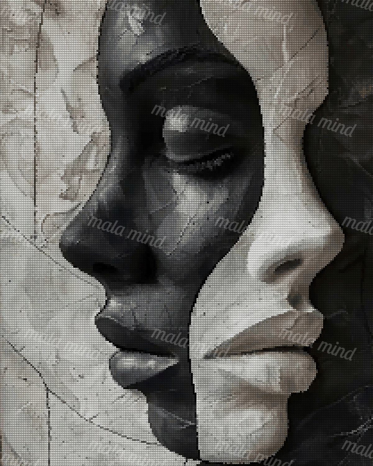 Abstract monochrome artwork showing two overlapping black and ivory human faces with closed eyes and textured skin. — 04_diamond_render
