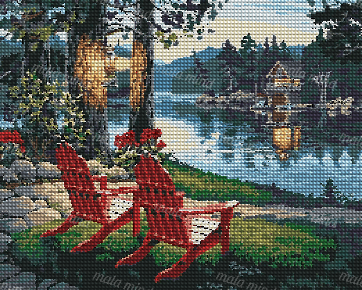 Stylized lakeside cabin scene with two red Adirondack chairs, dock, pine trees, mountains, and calm water — 04_diamond_render