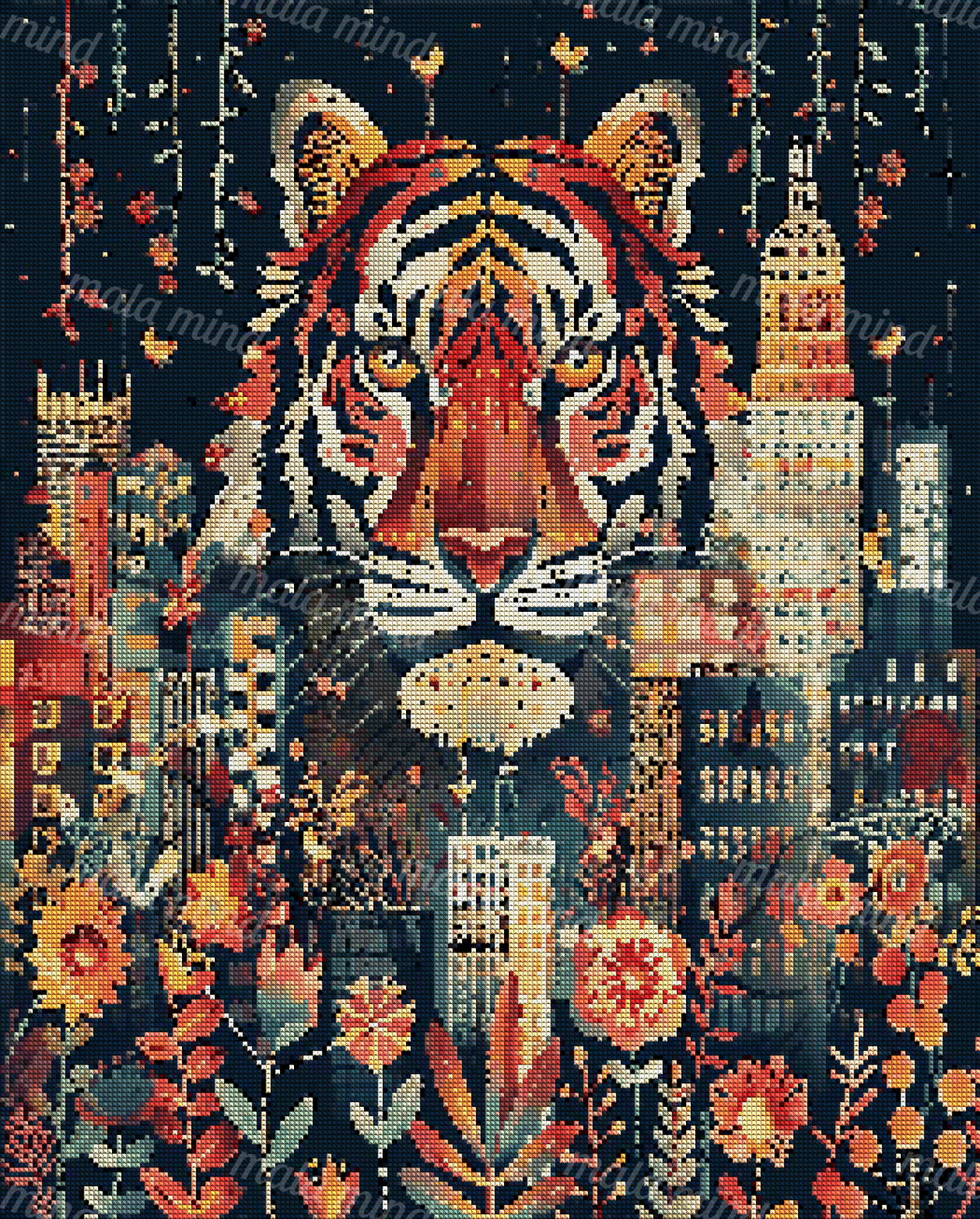 Symmetrical tiger portrait framed by colorful flowers, vines, butterflies, and geometric city buildings — 04_diamond_render